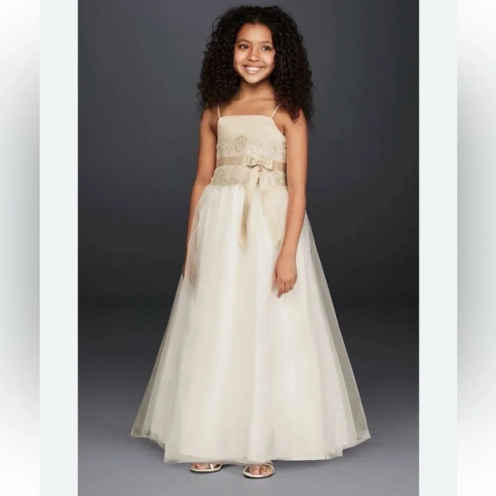 David's Bridal Girls👧🏻Ivory/Champagne Color Dress👗w Satin Waist Bow🎀Sz 3 - Picture 2 of 8
